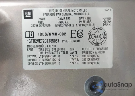 2012 GMC Sierra 1500 Sle из США, поврежденный, VIN 1GTR2VE72CZ185057